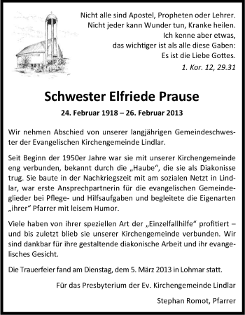 Anzeige von Elfriede Prause von Kölner Stadt-Anzeiger / Kölnische Rundschau / Express