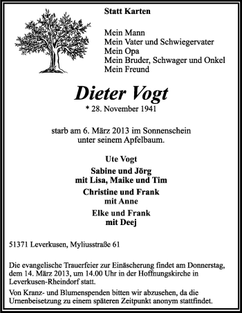Anzeige von Dieter Vogt von Kölner Stadt-Anzeiger / Kölnische Rundschau / Express