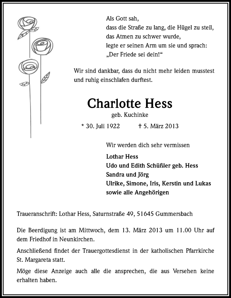  Traueranzeige für Charlotte Hess vom 11.03.2013 aus Kölner Stadt-Anzeiger / Kölnische Rundschau / Express