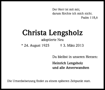 Anzeige von Christa Lengsholz von Kölner Stadt-Anzeiger / Kölnische Rundschau / Express