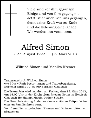Anzeige von Alfred Simon von Kölner Stadt-Anzeiger / Kölnische Rundschau / Express