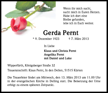 Anzeige von Gerda Pernt von Kölner Stadt-Anzeiger / Kölnische Rundschau / Express