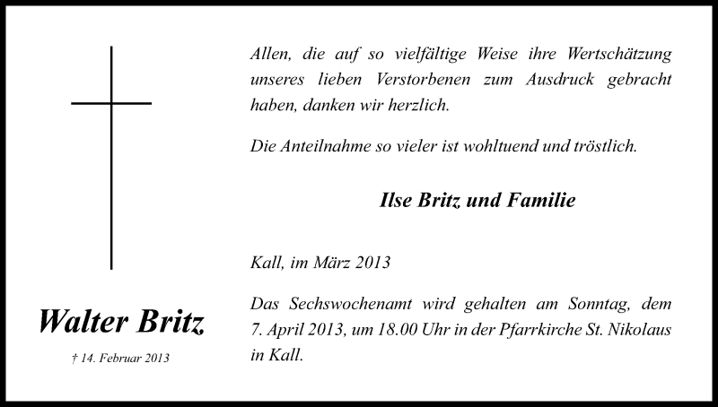  Traueranzeige für Walter Britz vom 23.03.2013 aus Kölner Stadt-Anzeiger / Kölnische Rundschau / Express