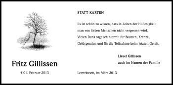 Anzeige von Fritz Gillissen von Kölner Stadt-Anzeiger / Kölnische Rundschau / Express