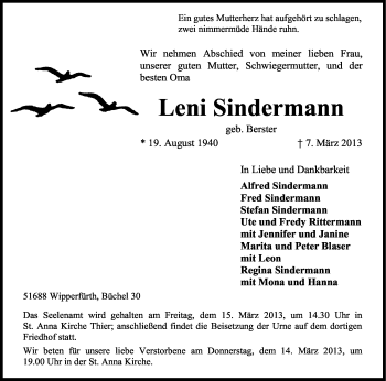 Anzeige von Leni Sindermann von Kölner Stadt-Anzeiger / Kölnische Rundschau / Express