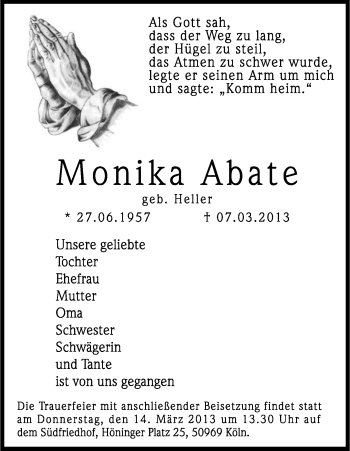 Anzeige von Monika Abate von Kölner Stadt-Anzeiger / Kölnische Rundschau / Express