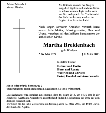 Anzeige von Martha Breidenbach von Kölner Stadt-Anzeiger / Kölnische Rundschau / Express