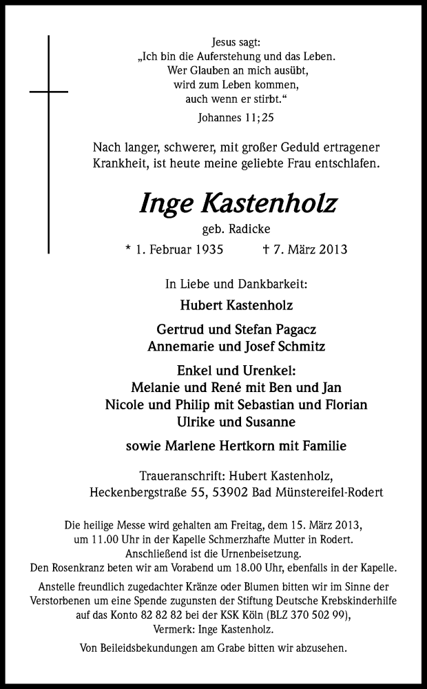  Traueranzeige für Inge Kastenholz vom 11.03.2013 aus Kölner Stadt-Anzeiger / Kölnische Rundschau / Express