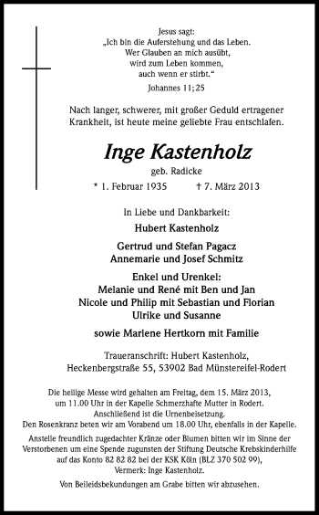 Anzeige von Inge Kastenholz von Kölner Stadt-Anzeiger / Kölnische Rundschau / Express