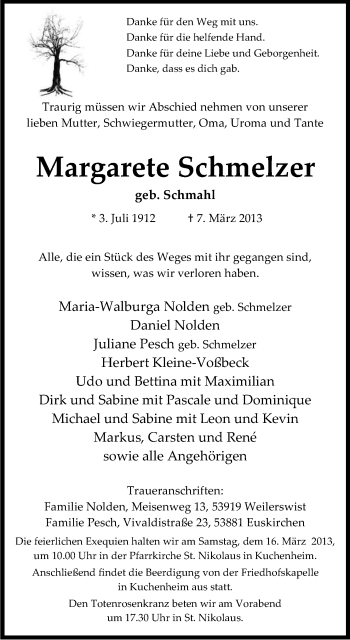 Anzeige von Margarete Schmelzer von Kölner Stadt-Anzeiger / Kölnische Rundschau / Express