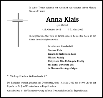 Anzeige von Anna Klais von Kölner Stadt-Anzeiger / Kölnische Rundschau / Express