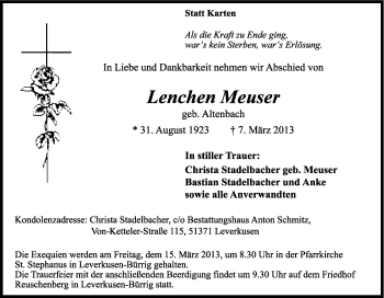 Anzeige von Lenchen Meuser von Kölner Stadt-Anzeiger / Kölnische Rundschau / Express