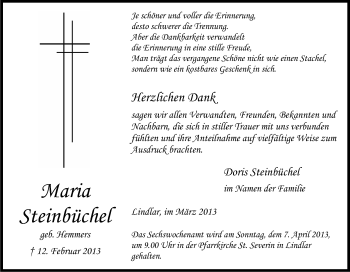 Anzeige von Maria Steinbüchel von Kölner Stadt-Anzeiger / Kölnische Rundschau / Express