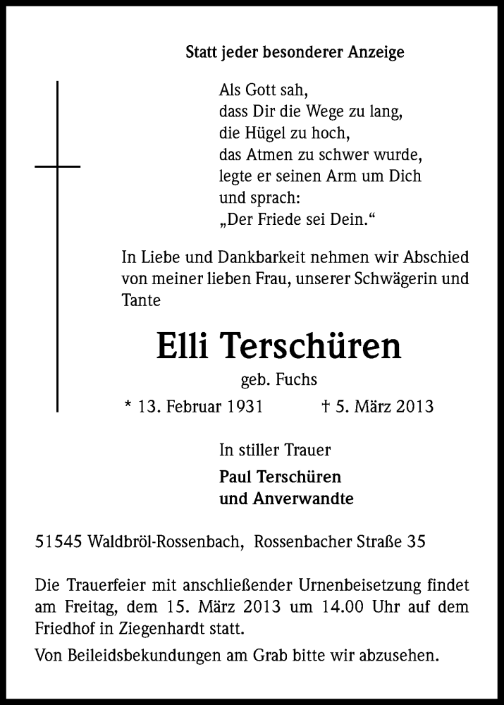  Traueranzeige für Elli Terschüren vom 11.03.2013 aus Kölner Stadt-Anzeiger / Kölnische Rundschau / Express