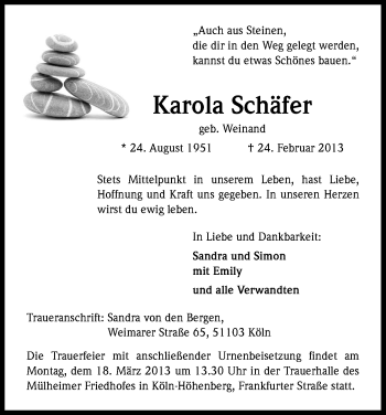 Anzeige von Karola Schäfer von Kölner Stadt-Anzeiger / Kölnische Rundschau / Express