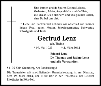 Anzeige von Gertrud Lenz von Kölner Stadt-Anzeiger / Kölnische Rundschau / Express
