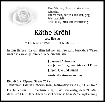 Anzeige von Käthe Kröhl von Kölner Stadt-Anzeiger / Kölnische Rundschau / Express