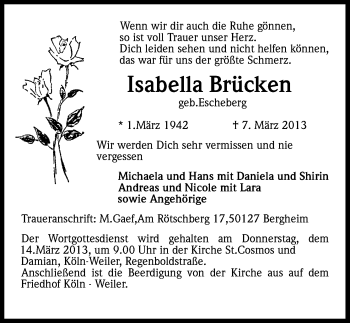 Anzeige von Isabella Brücken von Kölner Stadt-Anzeiger / Kölnische Rundschau / Express