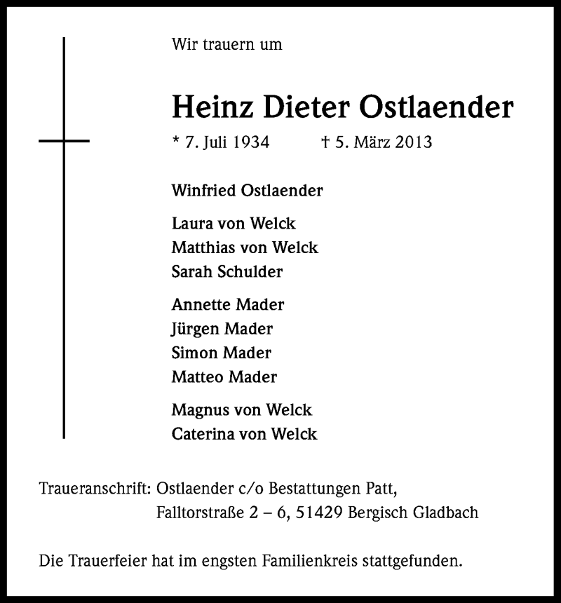  Traueranzeige für Heinz Dieter Ostlaender vom 16.03.2013 aus Kölner Stadt-Anzeiger / Kölnische Rundschau / Express