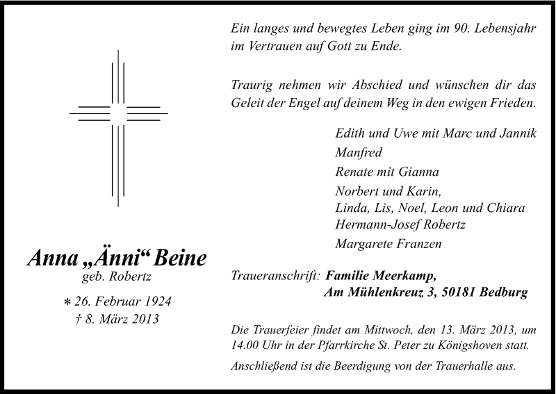  Traueranzeige für Anna Beine vom 11.03.2013 aus Kölner Stadt-Anzeiger / Kölnische Rundschau / Express