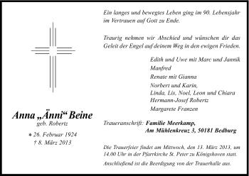 Anzeige von Anna Beine von Kölner Stadt-Anzeiger / Kölnische Rundschau / Express