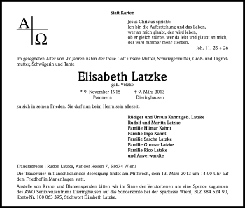 Anzeige von Elisabeth Latzke von Kölner Stadt-Anzeiger / Kölnische Rundschau / Express
