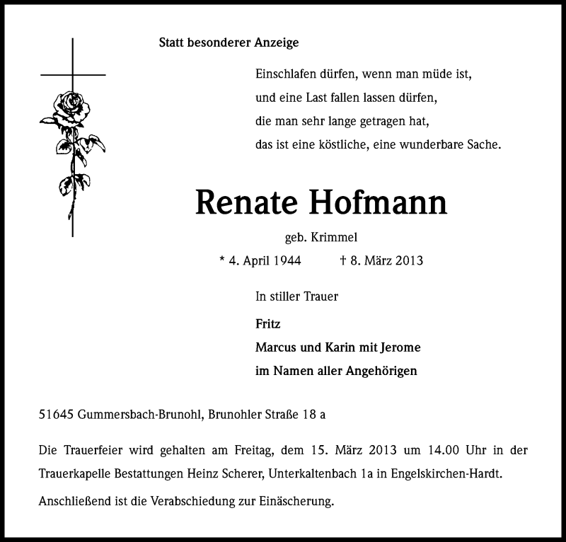  Traueranzeige für Renate Hofmann vom 12.03.2013 aus Kölner Stadt-Anzeiger / Kölnische Rundschau / Express