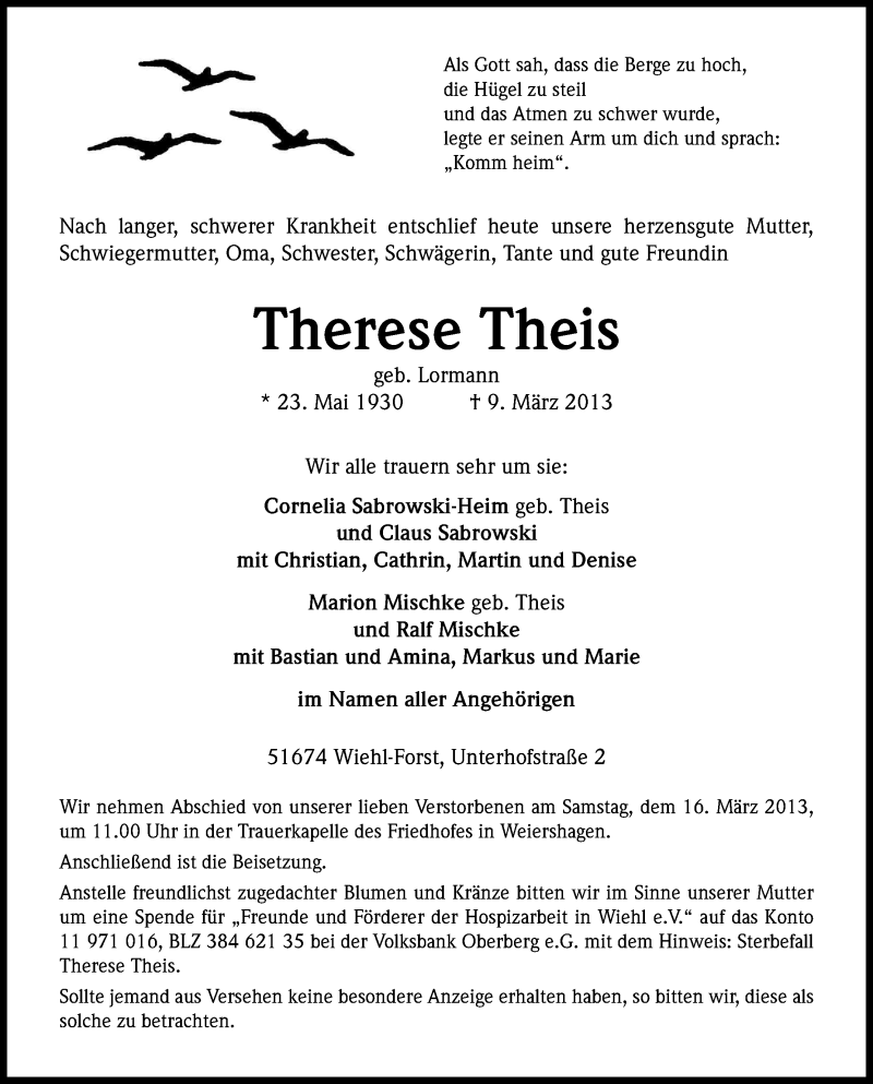  Traueranzeige für Therese Theis vom 12.03.2013 aus Kölner Stadt-Anzeiger / Kölnische Rundschau / Express