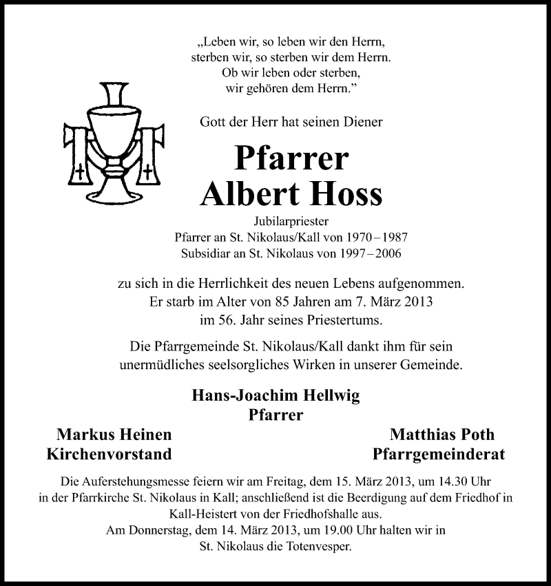  Traueranzeige für Albert Hoss vom 12.03.2013 aus Kölner Stadt-Anzeiger / Kölnische Rundschau / Express