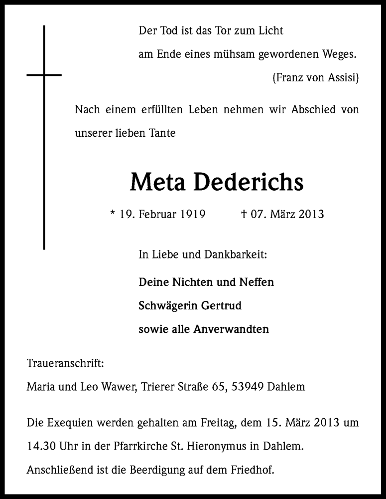  Traueranzeige für Meta Dederichs vom 13.03.2013 aus Kölner Stadt-Anzeiger / Kölnische Rundschau / Express