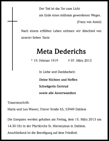Anzeige von Meta Dederichs von Kölner Stadt-Anzeiger / Kölnische Rundschau / Express
