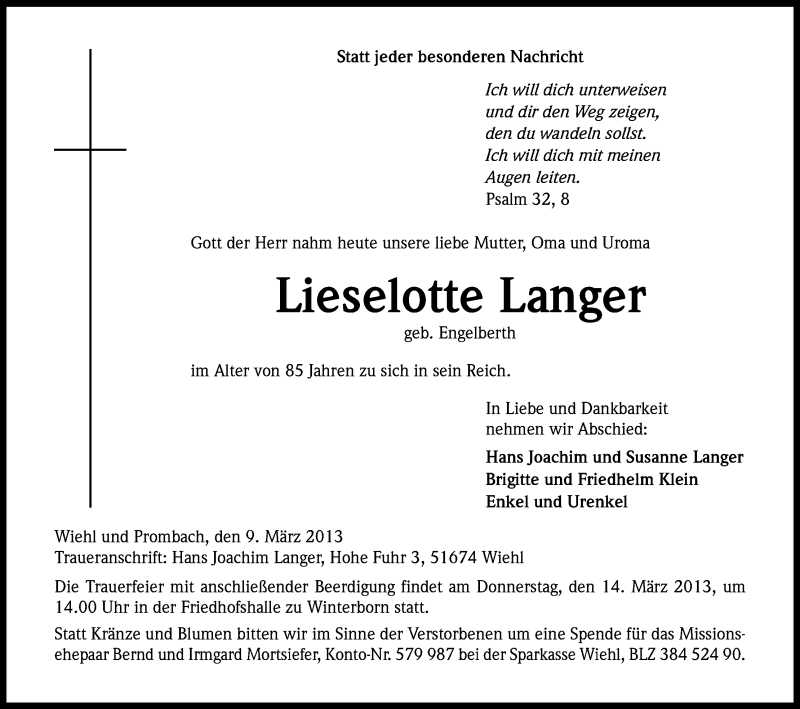  Traueranzeige für Lieselotte Langer vom 12.03.2013 aus Kölner Stadt-Anzeiger / Kölnische Rundschau / Express