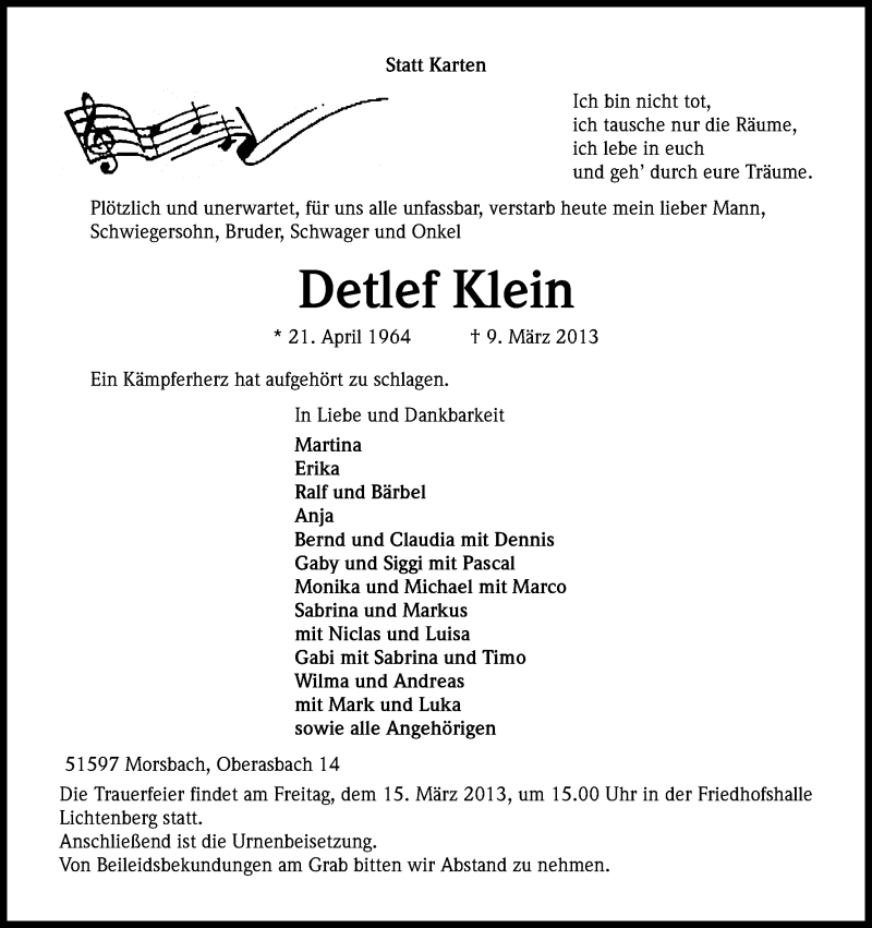  Traueranzeige für Detlef Klein vom 13.03.2013 aus Kölner Stadt-Anzeiger / Kölnische Rundschau / Express