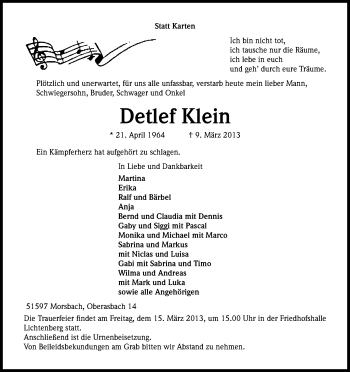 Anzeige von Detlef Klein von Kölner Stadt-Anzeiger / Kölnische Rundschau / Express