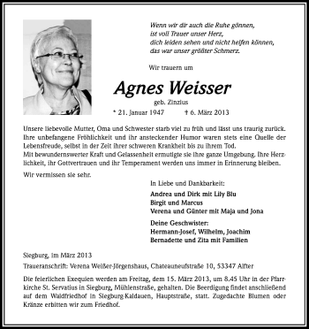 Anzeige von Agnes Weisser von Kölner Stadt-Anzeiger / Kölnische Rundschau / Express