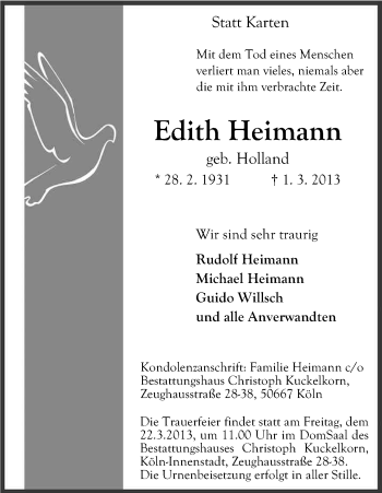 Anzeige von Edith Heimann von Kölner Stadt-Anzeiger / Kölnische Rundschau / Express