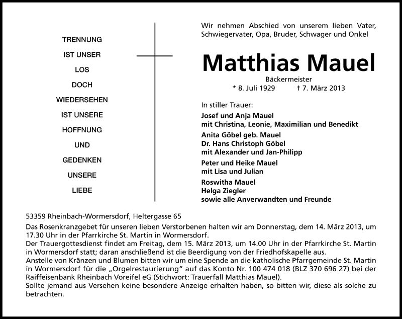  Traueranzeige für Matthias Mauel vom 12.03.2013 aus Kölner Stadt-Anzeiger / Kölnische Rundschau / Express