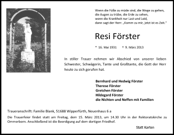 Anzeige von Resi Förster von Kölner Stadt-Anzeiger / Kölnische Rundschau / Express