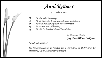 Anzeige von Anni Krämer von Kölner Stadt-Anzeiger / Kölnische Rundschau / Express