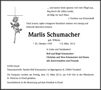 Anzeige von Marlis Schumacher von Kölner Stadt-Anzeiger / Kölnische Rundschau / Express