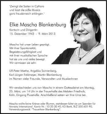 Anzeige von Elke Mascha Blankenburg von Kölner Stadt-Anzeiger / Kölnische Rundschau / Express