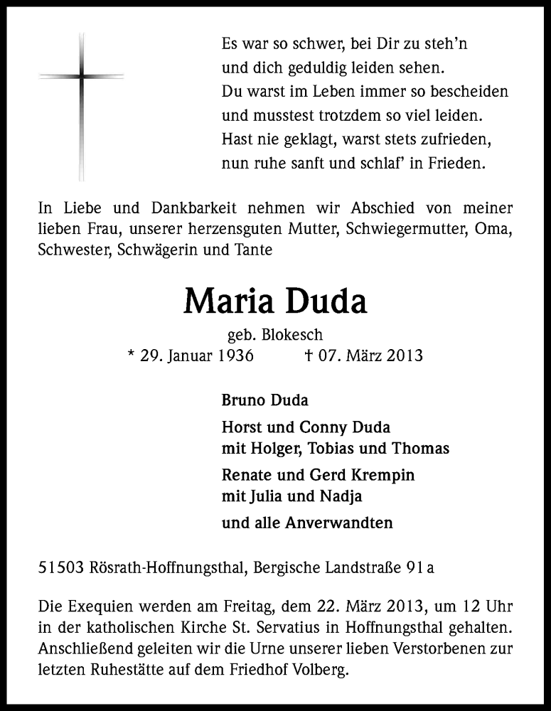  Traueranzeige für Maria Duda vom 16.03.2013 aus Kölner Stadt-Anzeiger / Kölnische Rundschau / Express