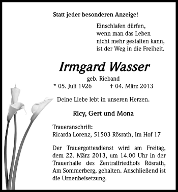 Anzeige von Irmgard Wasser von Kölner Stadt-Anzeiger / Kölnische Rundschau / Express