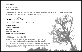 Anzeige von Erwin Mitze von Kölner Stadt-Anzeiger / Kölnische Rundschau / Express