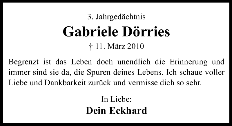  Traueranzeige für Gabriele Dörries vom 13.03.2013 aus Kölner Stadt-Anzeiger / Kölnische Rundschau / Express