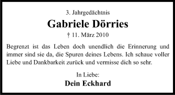 Anzeige von Gabriele Dörries von Kölner Stadt-Anzeiger / Kölnische Rundschau / Express