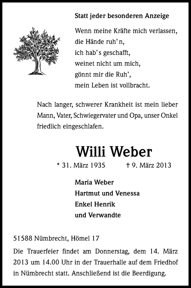  Traueranzeige für Willi Weber vom 12.03.2013 aus Kölner Stadt-Anzeiger / Kölnische Rundschau / Express