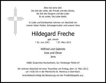 Anzeige von Hildegard Freche von Kölner Stadt-Anzeiger / Kölnische Rundschau / Express