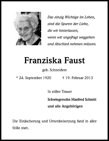 Anzeige von Franziska Faust von Kölner Stadt-Anzeiger / Kölnische Rundschau / Express