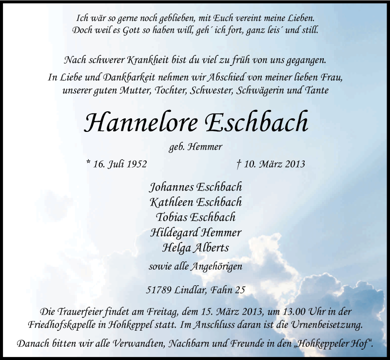  Traueranzeige für Hannelore Eschbach vom 13.03.2013 aus Kölner Stadt-Anzeiger / Kölnische Rundschau / Express